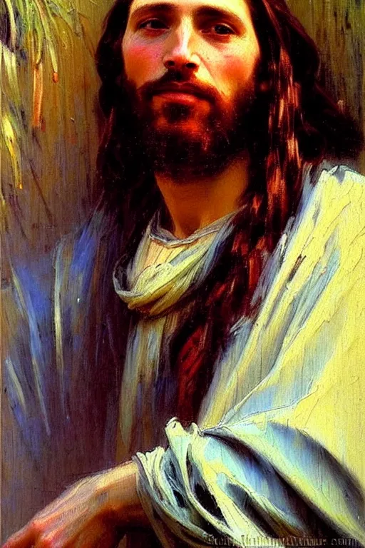 Image similar to impressionist brushstrokes!!!!!!!!! solomon joseph solomon and richard schmid and jeremy lipking victorian loose genre loose painting full length portrait painting of jesus with a slight smile happy inviting