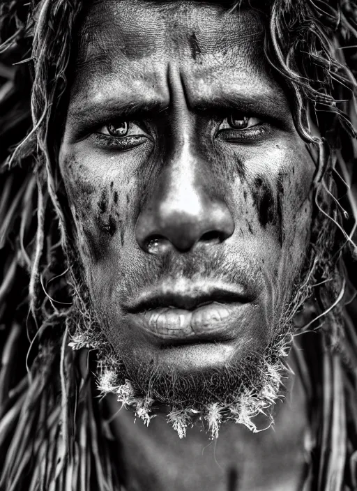 Image similar to Award winning Editorial photo of a Native Nauruans with incredible hair and beautiful hyper-detailed eyes wearing traditional garb by Lee Jeffries, 85mm ND 5, perfect lighting, gelatin silver process