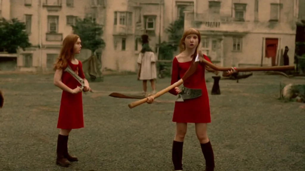 Image similar to A girl in a mod dress holding an axe confronts the monster, Film still from Wes Anderson, wide lens