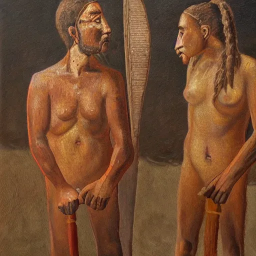 Prompt: a highly detailed oil painting of chalcolithic iberian man and woman, bell beaker people of the chalcolithic and early bronze age atlantic