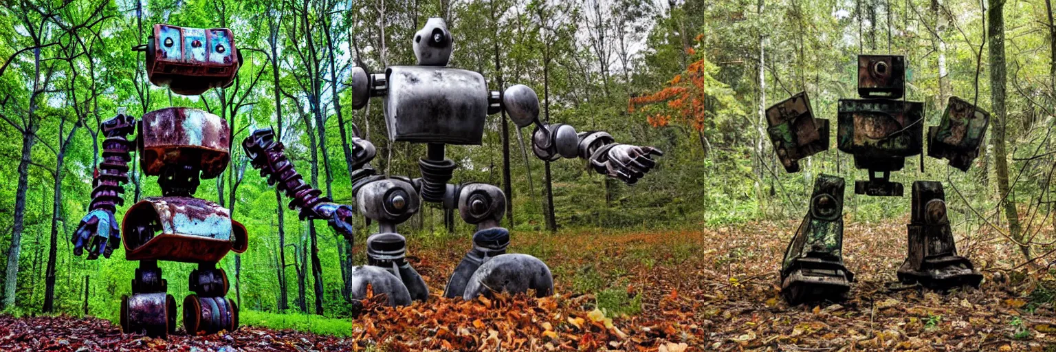 Prompt: large abandoned metal robot in a forest covered in many leaves and vines