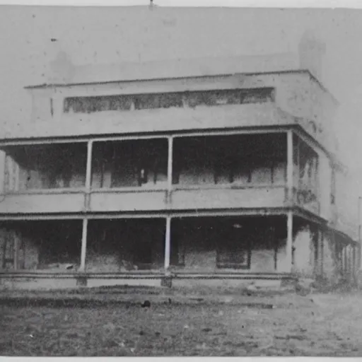 Image similar to a old, worn out photograph of the sydney oprea house taken in 1 9 2 4, photograph on table