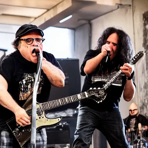 Image similar to Danny DeVito in a death metal band shredding the guitar