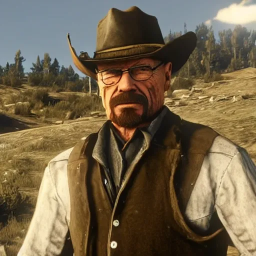 Prompt: Film still of Walter White, from Red Dead Redemption 2 (2018 video game)