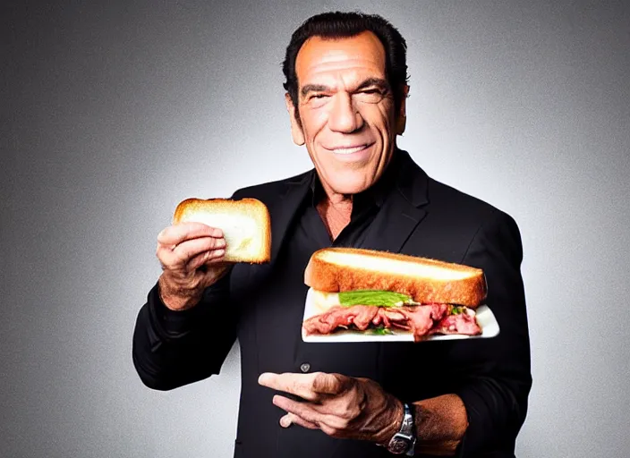 Image similar to studio portrait photo still of robert davi!!!!!!!! at age 5 3 years old 5 3 years of age!!!!!!! holding a grilled cheese, 8 k, 8 5 mm f 1. 8, studio lighting, rim light, right side key light