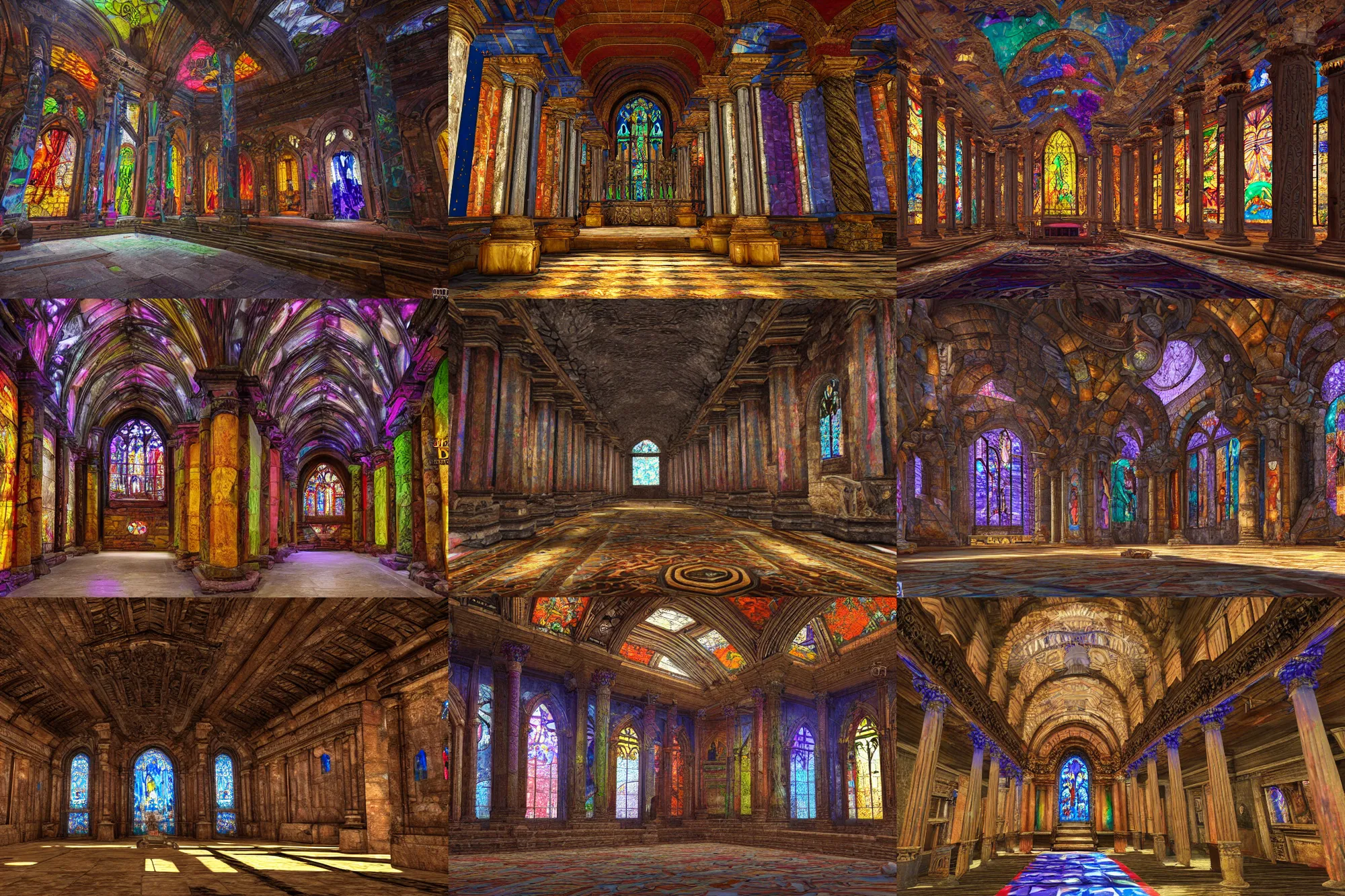 Prompt: an ancient cathedral hall with big colorfull stained glass, unreal engine, photo realistic, architecture, underground temple, dark cavern with crystals, columns with ruins etched into them, ornate stone walls, hyper realistic, 8k