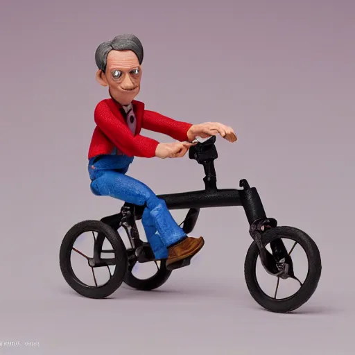 Prompt: product photography of a claymation action figure steve buscemi riding a children's tricycle, depth of field, zeiss lens, detailed, centered, by nicoletta ceccoli, mark ryden, erwin olaf, earl nore, frank frazetta, breathtaking, 8 k resolution, extremely detailed, beautiful, establishing shot, hyperrealistic