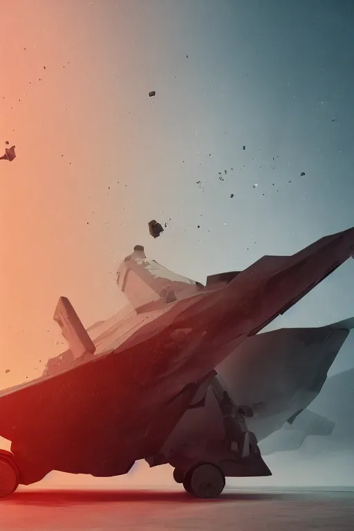 Image similar to professional photograph of a crashed neo - futuristic simplified symmetrical stealth fighter by ilm, denis villeneuve, emmanuel shiu, zaha hadid, dust, vapor, cinematic desert scene, red paint detail, manga, dramatic, volumetric, concept art, hard surface, hyperrealism, high detail, trending on artstation, sharp focus, rendered in octane