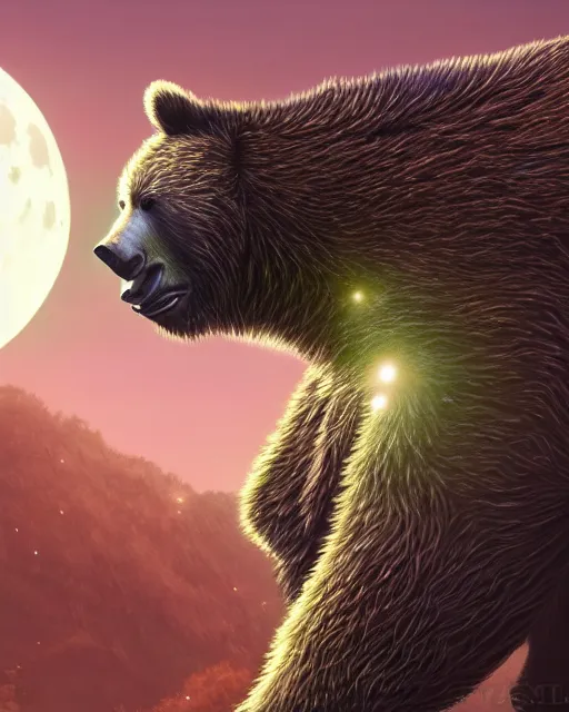 Image similar to highly detailed surreal vfx portrait of a metallic chromatic samurai bear in front of a full moon, stephen bliss, unreal engine, greg rutkowski, loish, rhads, beeple, makoto shinkai and lois van baarle, ilya kuvshinov, rossdraws, tom bagshaw, alphonse mucha, global illumination, detailed and intricate environment