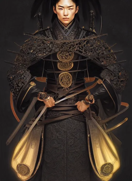 Image similar to portrait of an Japanese warrior, muscular, black leather robes! intricate, elegant, highly detailed, digital painting, artstation, concept art, smooth, sharp focus, illustration, art by artgerm and greg rutkowski and alphonse mucha