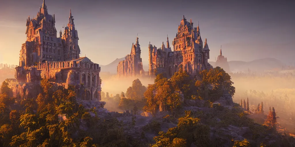 Prompt: a highly detailed photo of a avengers castle surrounded by a mist shot during golden hour on 3 0 mm film painted by alena aenami, rendered in unreal engine