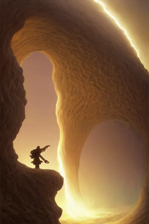 Image similar to a glowing magical portal inside a wave made of sand fantasy desert, portal, a man watching over, sci fi, lightning, night, midnight, arabia, by caspar david friedrich by james gillard and justin gerard, artstation, smooth, sharp focus, by jean baptiste, bernardo bellotto