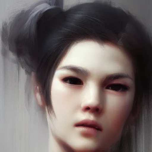 Image similar to a cute girl by ruan jia, closeup headshot, black ponytail, movie style, high detailed.