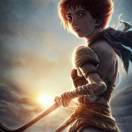 Image similar to a ultra detail picture portrait of A warrior in shimmering armor, the sun at their back, strides forward with sword held high. They are the embodiment of courage and strength, and they are ready to fight for what is right. vivid tones, wide angle, by miyazaki, nausicaa ghibli, 8k, photorealistic,