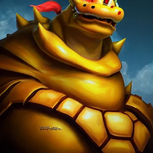 Image similar to bowser from super mario as realistic yellow turtle character art portrait, matte fantasy painting, deviantart artstation, by jason felix by steve argyle by tyler jacobson by peter mohrbacher, cinema c 9. 0