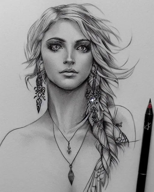 Image similar to tattoo sketch of beautiful greek goddess aphrodite with arrowhead earrings, beautiful piercing eyes, flowing blonde hair, realistic face, hyper realistic, in the style of greg rutkowski, fantasy, amazing detail, epic, intricate, elegant, smooth, sharp focus