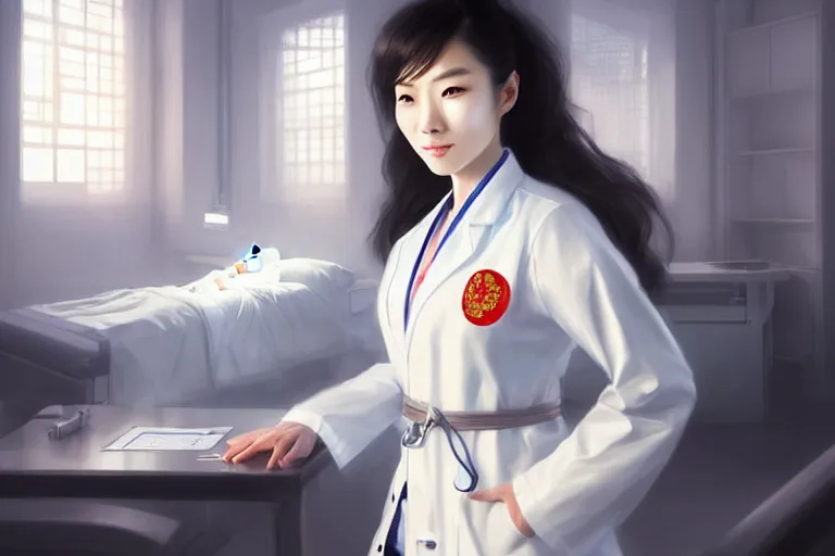 Image similar to an elegant and beautiful chinese female doctor in a white coat in a hospital ward, cinematic, highly detailed, digital painting, artstation, concept art, matte, sharp focus, illustration, art by artgerm and greg rutkowski