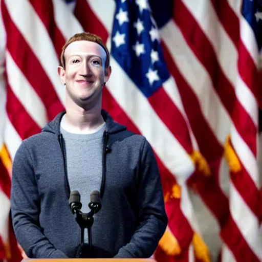 Prompt: mark zuckerberg as the president of the united states, standing at a podium, looking confident, professional portrait photo