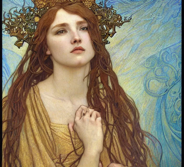 Image similar to detailed realistic beautiful young medieval queen face portrait by jean delville, alphonse mucha, vincent van gogh, and marco mazzoni, art nouveau, symbolist, visionary, gothic, pre - raphaelite