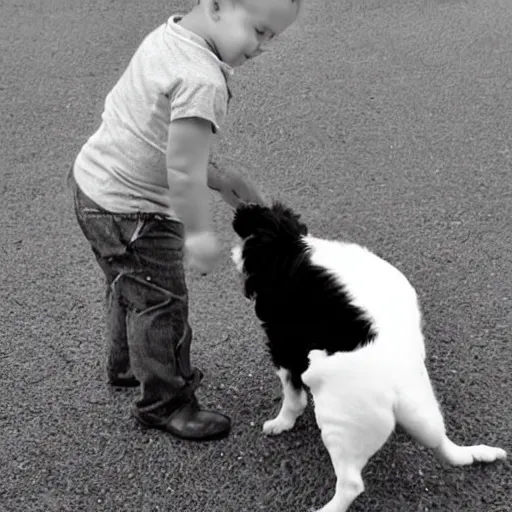 Image similar to a short guy playing with his black and white dog