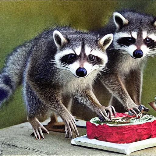 Image similar to three racoons having a cool birthday party, photo, highly detailed