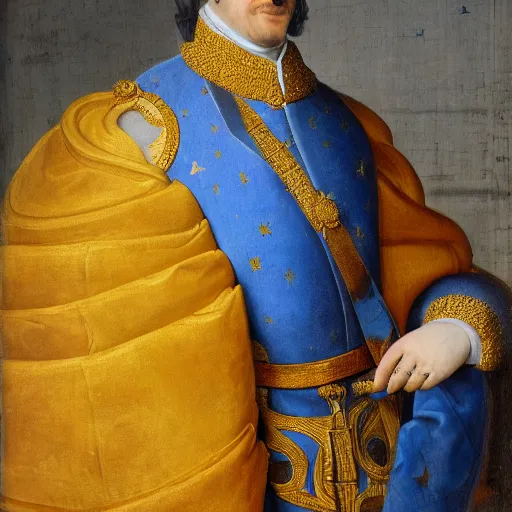 Prompt: highly detailed painting of the french king, he is wearing a blue robe with yellow stars across it, 4 k resolution, by jaquis luis david, visible paint layers, renaissance.