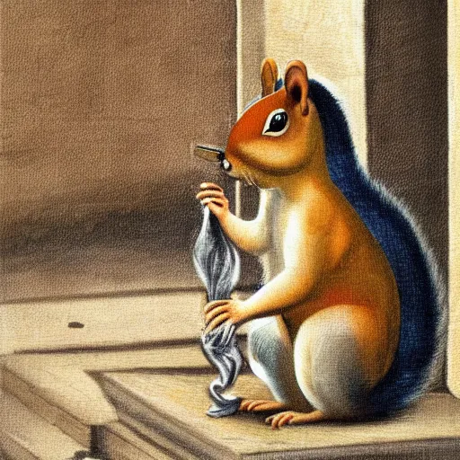 Prompt: a cartoon italian squirrel smoking a cigarette in the streets of florence, baroq painting