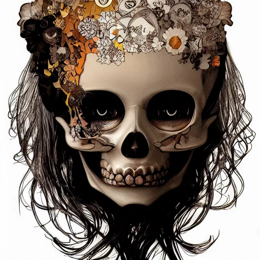 Image similar to anime manga skull portrait girl female skeleton hair illustration detailed ballon emoji patterns in background art Geof Darrow and Phil hale and Ashley wood and Ilya repin alphonse mucha pop art nouveau