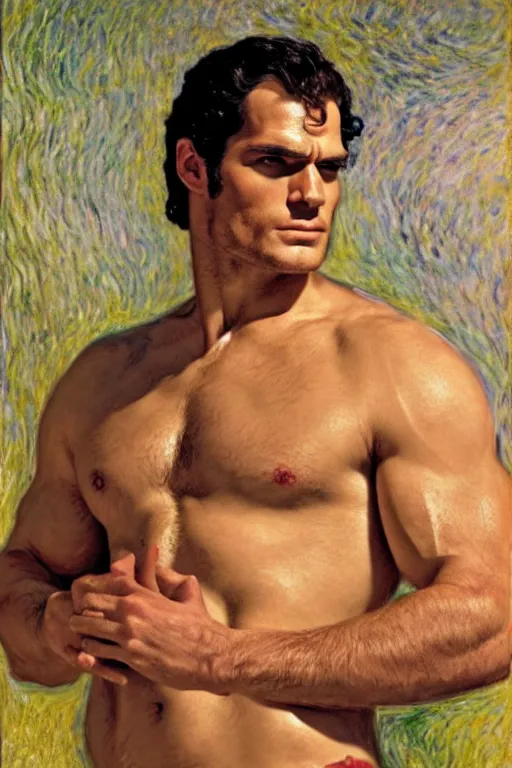 Prompt: henry cavill as a baker, kneading dough, painting by tom of finland, gaston bussiere, craig mullins, j. c. leyendecker, claude monet