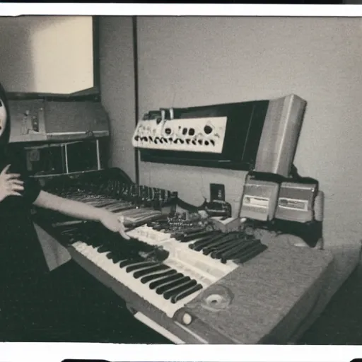 Prompt: 1 9 7 0 s polaroid of a female japanese musician playing a vintage modular synthesizer, hazy, faded