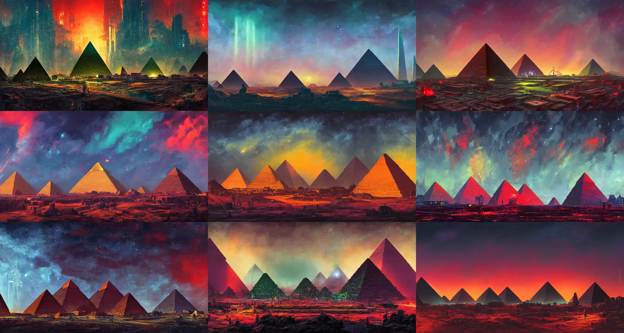 Prompt: an establishing shot of the cyberpunk pyramids of giza, digital art, fantasy painting, at night time, ancient civilisation, construction, dark sky, dark blues, dark greens, red lights, clear sky, reflecting pool, milky way, muted colours, by paul lehr, jesper ejsing