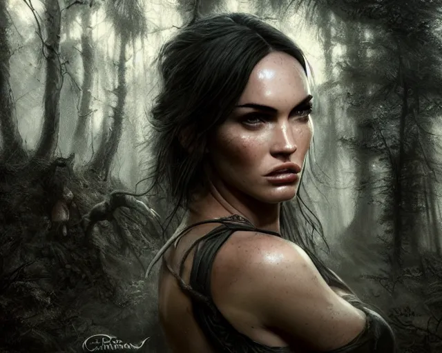 Image similar to 5 5 mm portrait photo of a real life tough looking megan fox as ciri with a large scar along her left cheek, in a magical forest. dark atmosphere. art by greg rutkowski. highly detailed 8 k. intricate. lifelike. soft light. nikon d 8 5 0.