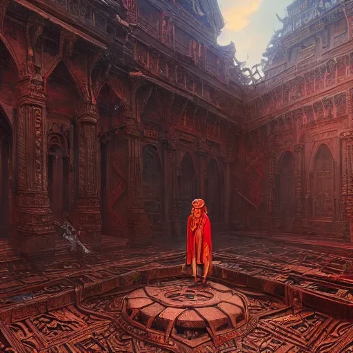 Image similar to alchemist wearing an ornate bronze headdress and red robes standing in a sandstone ruin intricate artwork by Tooth Wu and wlop and beeple and Dan Mumford. Octane render, trending on artstation, greg rutkowski very coherent symmetrical artwork. Cynematic, hyper realism, high detail 8k