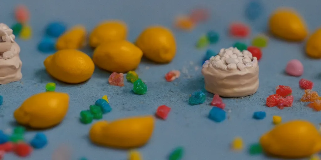 Image similar to a cinematic film still of a claymation stop motion film about a town made of lemons and candy, shallow depth of field, 8 0 mm, f 1. 8