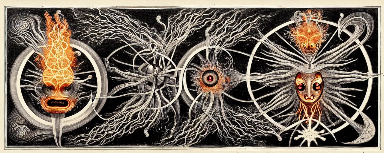 Image similar to a strange fire creature with endearing eyes radiates a unique canto'as above so below'while being ignited by the spirit of haeckel and robert fludd, breakthrough is iminent, glory be to the magic within, in honor of saturn, painted by ronny khalil