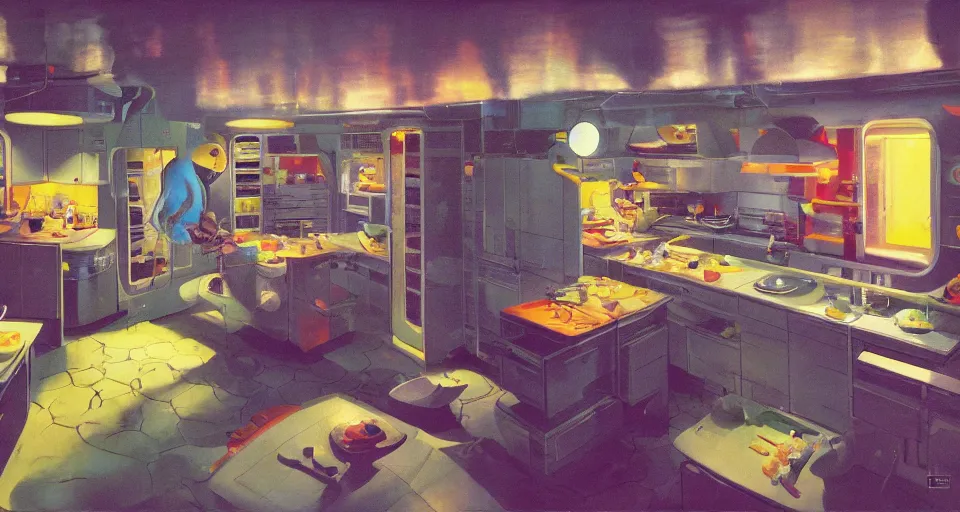 Image similar to IKEA catalogue photo of a kitchen on a spaceship, by Paul Lehr