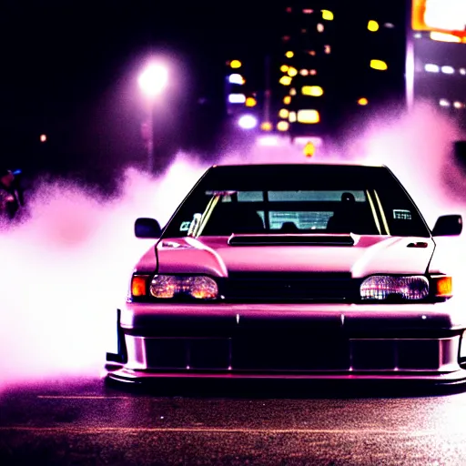 Image similar to a car JZX100 twin turbo drift at illegal car meet, Shibuya prefecture, city midnight mist lights, cinematic lighting, photorealistic, highly detailed wheels, high detail