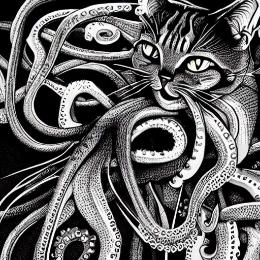 Prompt: a cross between a cat and an octopus, realistic, detailed, black and white illustration