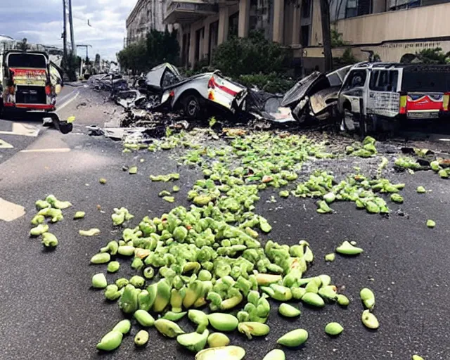 Image similar to photo of an avocado truck accident that overturned and spilled tons of avocados on the floor that people are picking up