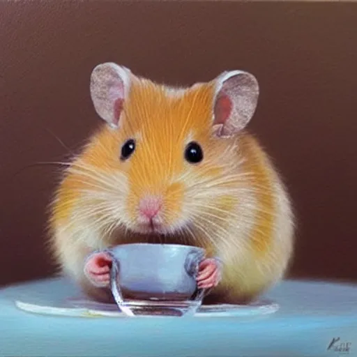 Image similar to hyper realistic oil painting of a hamster in a fancy place drinking a tea