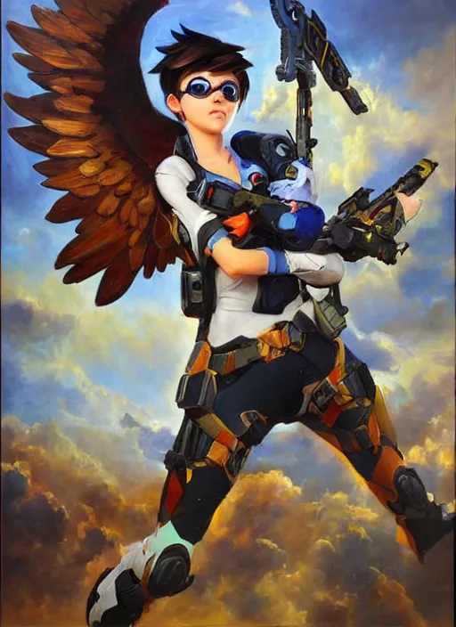 Image similar to oil painting of tracer overwatch in the style of sophie anderson, flying, angel wings,