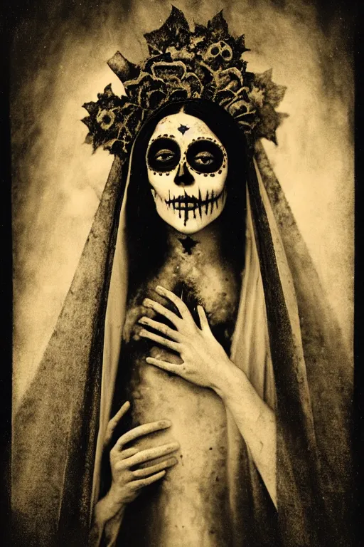 Image similar to photogravure, tintype virgin mary in dia de muertos dress and make up, horrific beautiful vibe, evocative, atmospheric lighting, painted, intricate, highly detailed, leesha hannigan, wayne haag, reyna rochin, ignacio fernandez rios, mark ryden, iris van herpen, stunning, gorgeous, sharp focus, cinematic, masterpiece