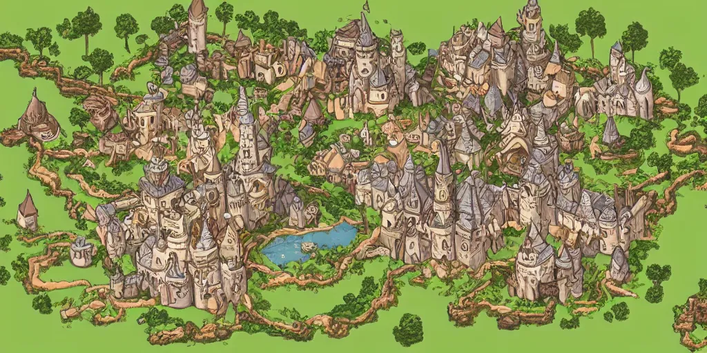 Image similar to a high detailed fantasy castle vector art an aerial view of a cartoonish rpg village by dungeondraft, dofus, patreon content, hd, straight lines, vector, grid, dnd map, map patreon, fantasy maps, foundry vtt, fantasy grounds, aerial view, dungeondraft, tabletop, inkarnate, dugeondraft, roll 2 0