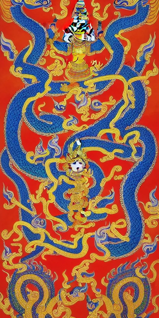 Prompt: naga art, mythical serpent southeast asian legends, thai traditional painting, royal thai art, guardian at the temple, garuda eagle, thai folklore, buddhist painting, thai dragon paintings by Chalermchai Kositpipat, Kittichai Rueangchaichan