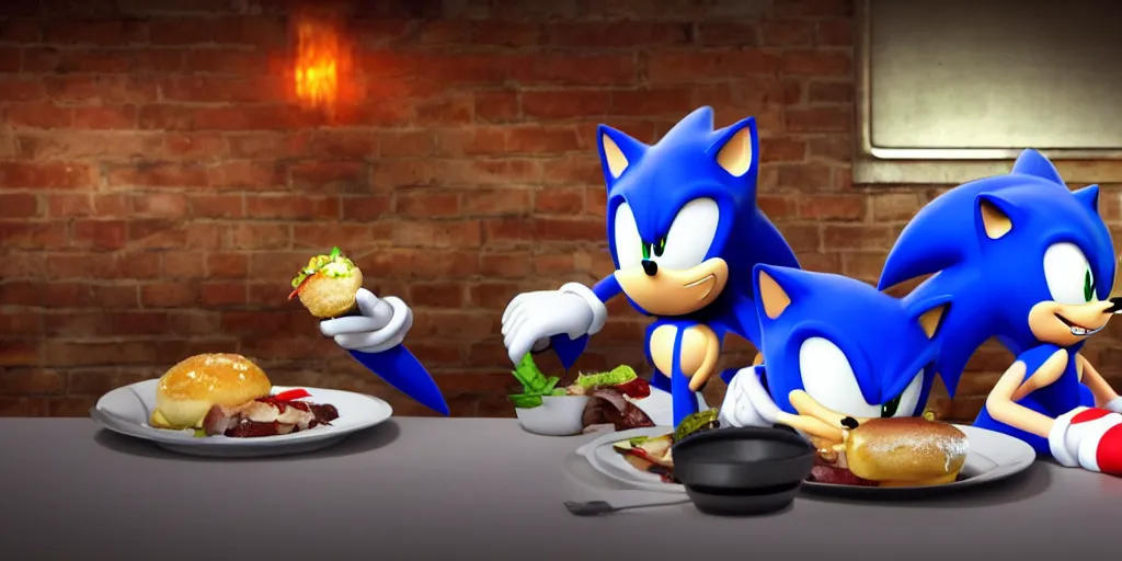 Image similar to A render of Sonic the Hedgehog sitting across from Shadow the Hedgehog at a restaurant, Sonic looks like he is shocked, Shadow is looking away in disgust, they both have hamburgers in front of them on a plate, movie, HDR, moody lighting, unique camera angle