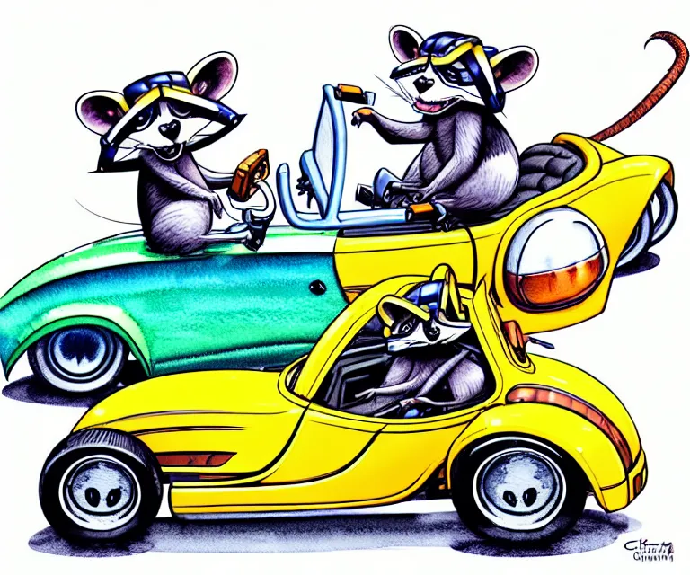 Image similar to cute and funny, racoon wearing a helmet riding in a tiny hot rod 2 0 0 2 plymouth prowler with oversized engine, ratfink style by ed roth, centered award winning watercolor pen illustration, isometric illustration by chihiro iwasaki, edited by range murata, details by artgerm