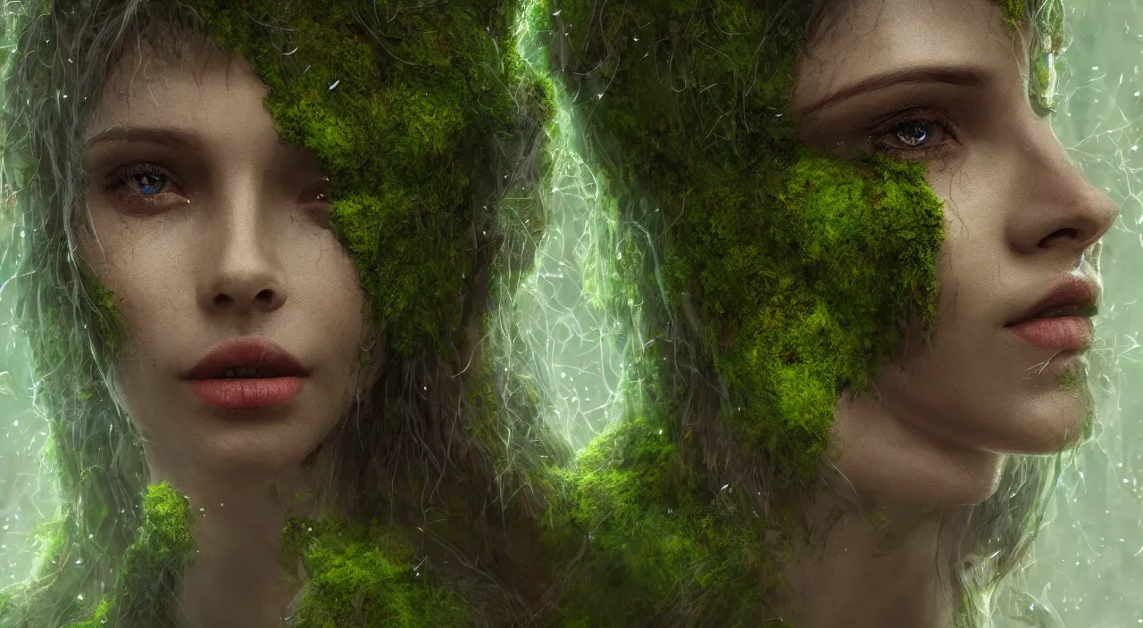 Image similar to Portrait of one single moss-covered older Gaia goddess shedding a single tear, highly-detailed, elegant, dramatic lighting, artstation, 4k