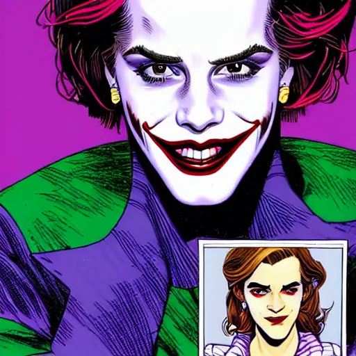 Image similar to dynamic macro head portrait of beautiful emma watson as the joker in white sequined jacket by john romita sr and cory walker and ryan ottley and jack kirby and barry windsor - smith, comic, illustration, photo real