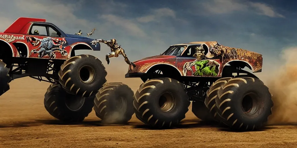 Image similar to monster trucks on a medieval battlefield fleeing from cavalry