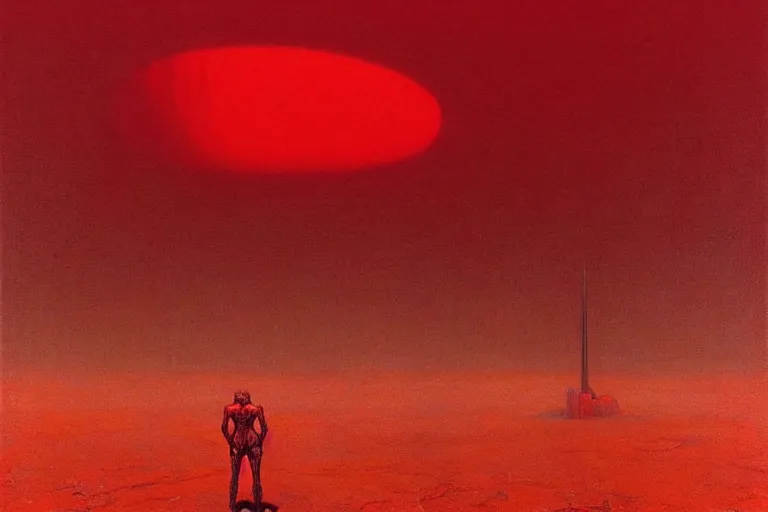 Prompt: only with red, a red god of death eat apple, a futuristic city on mars in background, an ancient path, pathos, in the style of beksinski, part by hopper, part by rodcenko, part by hofbauer, intricate composition, red by caravaggio, insanely quality, highly detailed, masterpiece, red light, artstation